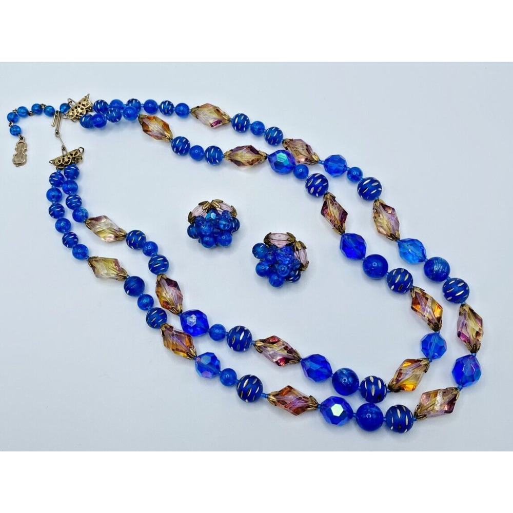 Vintage AB Rhinestone Blue Topaz Lucite Beaded Two Strand Necklace Clip Earrings